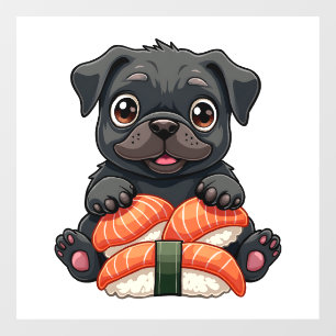 Vintage Cute Black Pug Sushi Cartoon Vector Illust