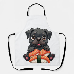 Vintage Cute Black Pug Sushi Cartoon Vector Illust Apron