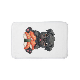 Vintage Cute Black Pug Sushi Cartoon Vector Illust Bath Mat
