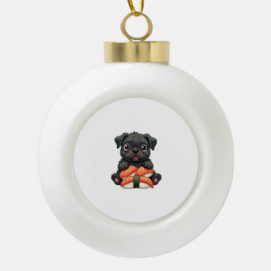 Vintage Cute Black Pug Sushi Cartoon Vector Illust Ceramic Ball Christmas Ornament