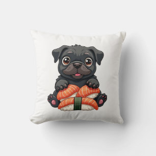 Vintage Cute Black Pug Sushi Cartoon Vector Illust Cushion