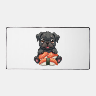 Vintage Cute Black Pug Sushi Cartoon Vector Illust Desk Mat