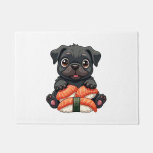Vintage Cute Black Pug Sushi Cartoon Vector Illust Doormat