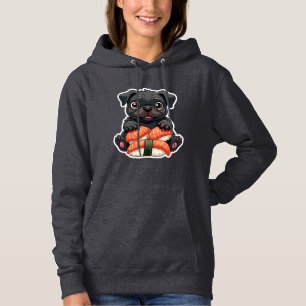Vintage Cute Black Pug Sushi Cartoon Vector Illust Hoodie