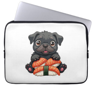 Vintage Cute Black Pug Sushi Cartoon Vector Illust Laptop Sleeve