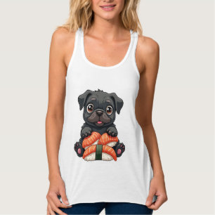 Vintage Cute Black Pug Sushi Cartoon Vector Illust Singlet