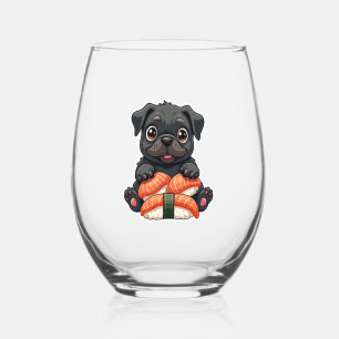 Vintage Cute Black Pug Sushi Cartoon Vector Illust Stemless Wine Glass