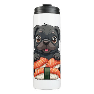 Vintage Cute Black Pug Sushi Cartoon Vector Illust Thermal Tumbler