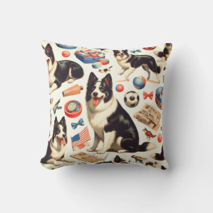 Vintage Cute Border Collie Illustration Cushion