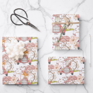 Vintage cute Bunny Bear Cat Car Foliage Girl Wrapping Paper Sheet