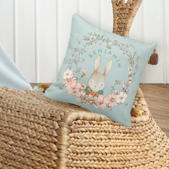 Vintage Cute Bunny Botanical Name Baby Boy Nursery Cushion (Creator Uploaded)