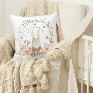 Vintage Cute Bunny Botanical Name Baby Boy White Cushion