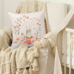 Vintage Cute Bunny Botanical Name Baby Girl Cream Cushion<br><div class="desc">Vintage cuteness for your baby girl's nursery with this bunny and botanical design on a cream background. The sweet bunny is wearing a pink jacket and holding a bunch of carrots, and is peaking out behind cream and blush florals and whimsical leaves which circle around her. Easily personalise with your...</div>