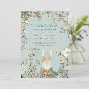 Vintage Cute Bunny Floral Leaf Virtual Baby Shower Invitation