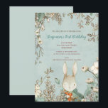 Vintage Cute Bunny Floral Leaves 1st Birthday Boy Invitation<br><div class="desc">Vintage cuteness to invite your guests to the first birthday party of your son, with this illustration of a sweet bunny and cream florals and greenery on a light green coloured background. Easily personalise the words to your own requirements. You may also be interested in our sheets of individual name...</div>