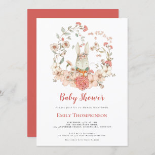 Vintage Cute Bunny Foliage coral Baby Shower Invitation