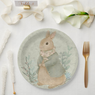 vintage cute bunny with flowers Paper Plate