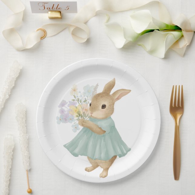  vintage cute bunny with flowers Paper Plate (Wedding)