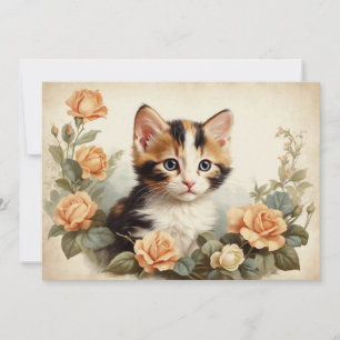 Vintage Cute Calico Kitten Portrait Flowers Sweet  Holiday Card
