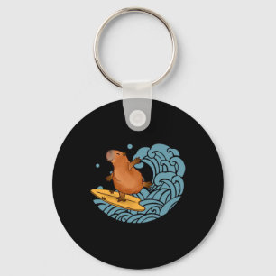 Vintage Cute Capyra Surfing The Great Wave Kanagaw Key Ring