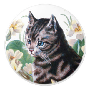 Vintage Cute Cat kitten amongst flowers Ceramic Knob