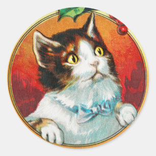 Vintage Cute Cat Wishing you a Merry Christmas Classic Round Sticker