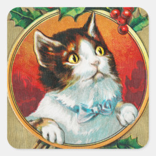 Vintage Cute Cat Wishing you a Merry Christmas Square Sticker
