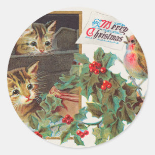 Vintage Cute Cats and Bird Merry Christmas Holiday Classic Round Sticker