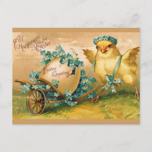 Vintage Cute Chicken with Easter Egg Carriage Postcard