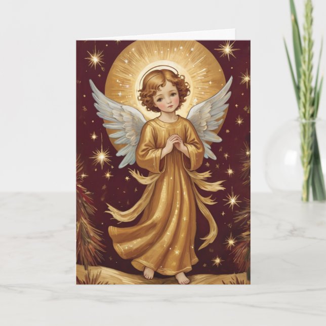 Vintage Cute Christmas Angel Personalised Message Holiday Card (Front)