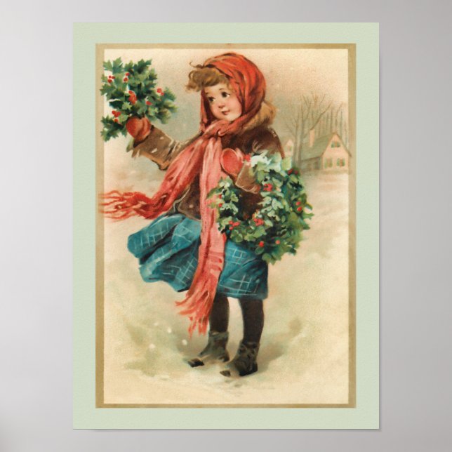 Vintage Cute Christmas Girl with Holly Wreaths Poster (Front)