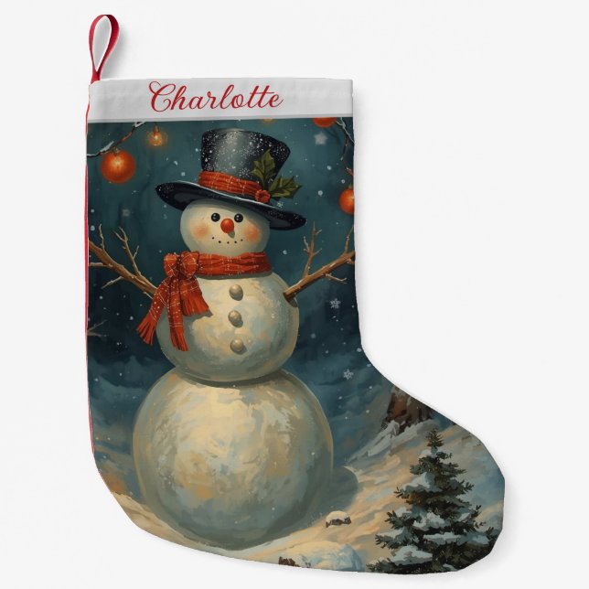 Vintage Cute Christmas Snowman  Small Christmas Stocking (Front)