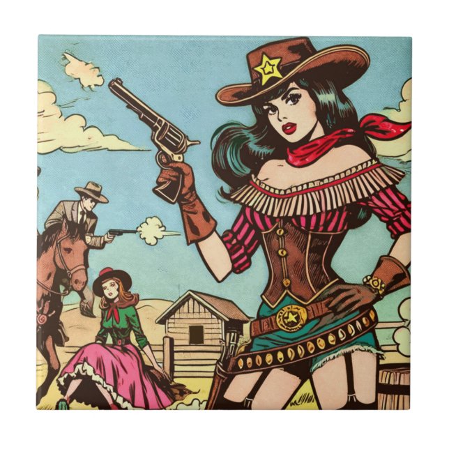 Vintage Cute Cowgirl Comics Tile (Front)