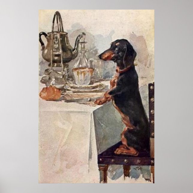 Vintage Cute Dachshund Drinking Tea Poster (Front)
