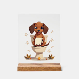 Vintage Cute Dachshund on Toilet Cartoon Bathroom  Acrylic Sign