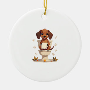 Vintage Cute Dachshund on Toilet Cartoon Bathroom  Ceramic Tree Decoration