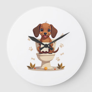 Vintage Cute Dachshund on Toilet Cartoon Bathroom Large Clock