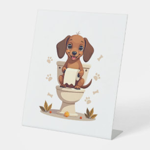Vintage Cute Dachshund on Toilet Cartoon Bathroom  Pedestal Sign