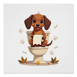 Vintage Cute Dachshund on Toilet Cartoon Bathroom Poster