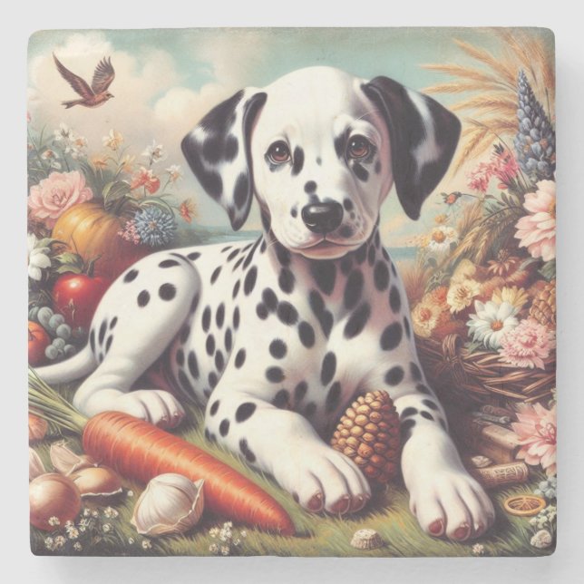 Vintage Cute Dalmatian Painting Stone Coaster (Front)