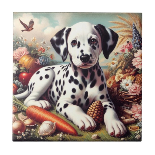 Vintage Cute Dalmatian Painting Tile (Front)