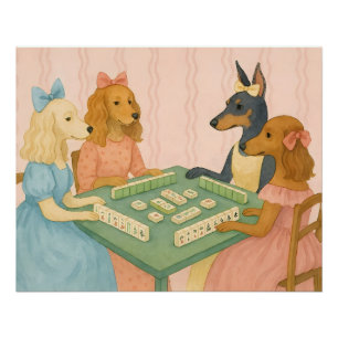 Vintage Cute Dogs Playing Mahjong Poster