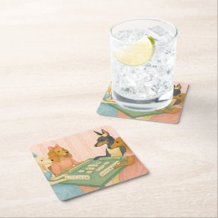 Vintage Cute Dogs Playing Mahjong Square Paper Coaster