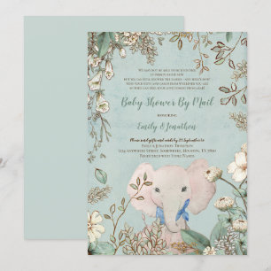 Vintage Cute Elephant Green Baby Shower by Mail Invitation