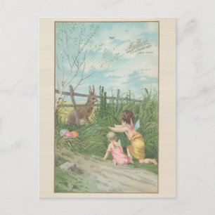 Vintage cute fairy boys easter bunny egg holiday postcard