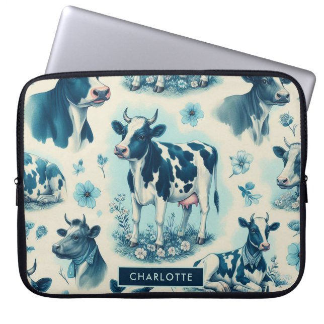 Vintage Cute Farm Cow Seamless Laptop Sleeve (Front)