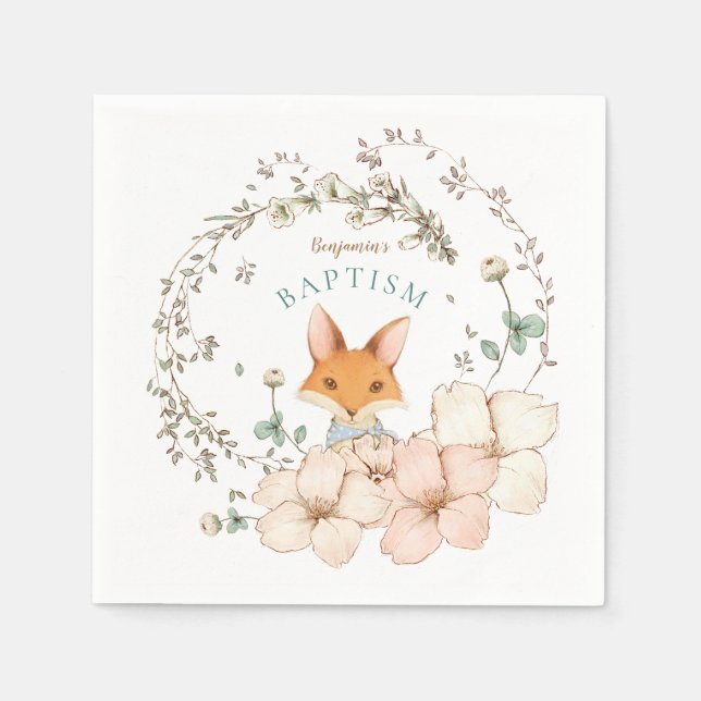 Vintage Cute Fox Botanical Boy Baptism Napkin (Front)