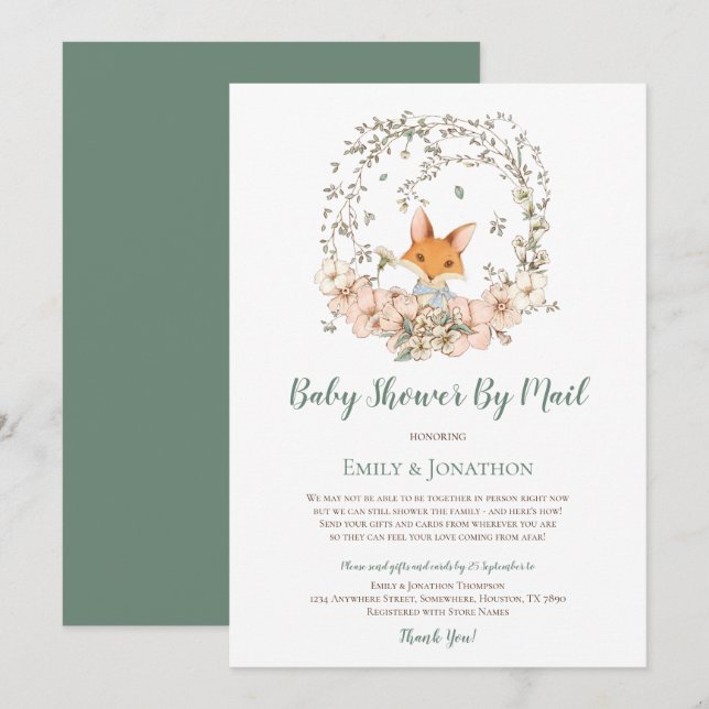 Vintage Cute Fox Floral Baby Boy Shower by Mail Invitation (Front/Back)