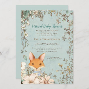 Vintage Cute Fox Floral Leaf Virtual Baby Shower Invitation