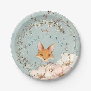Vintage Cute Fox Flowers Boy Green Baby Shower Paper Plate